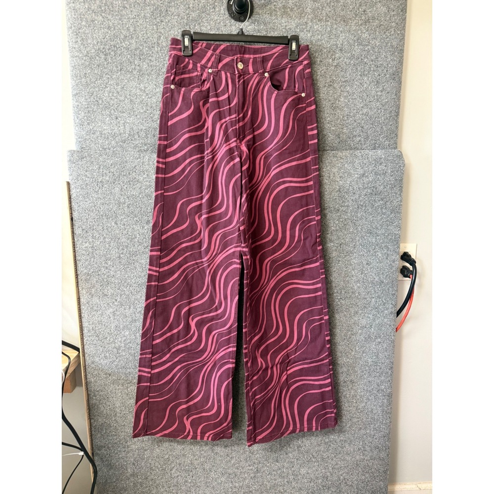 H&M Divided Womens Wide Leg‎ Pants Burgundy Pink Wavy Psychedelic Print Size 6